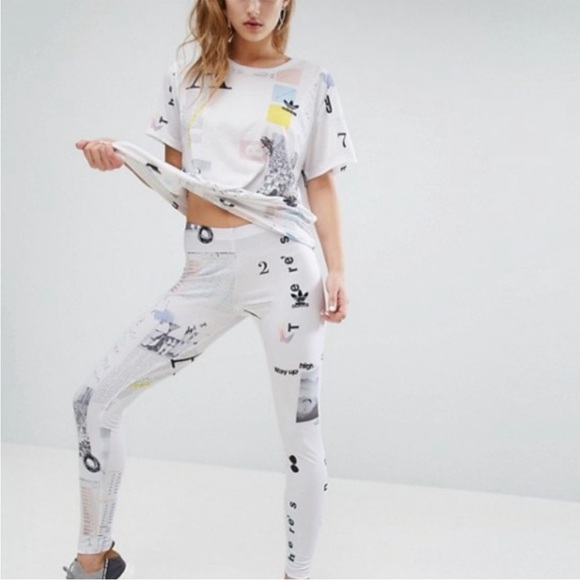 adidas Originals Pants - Rare⭐️ Adidas Originals AOP White Info Poster Print Logo Graphic Tight Leggings